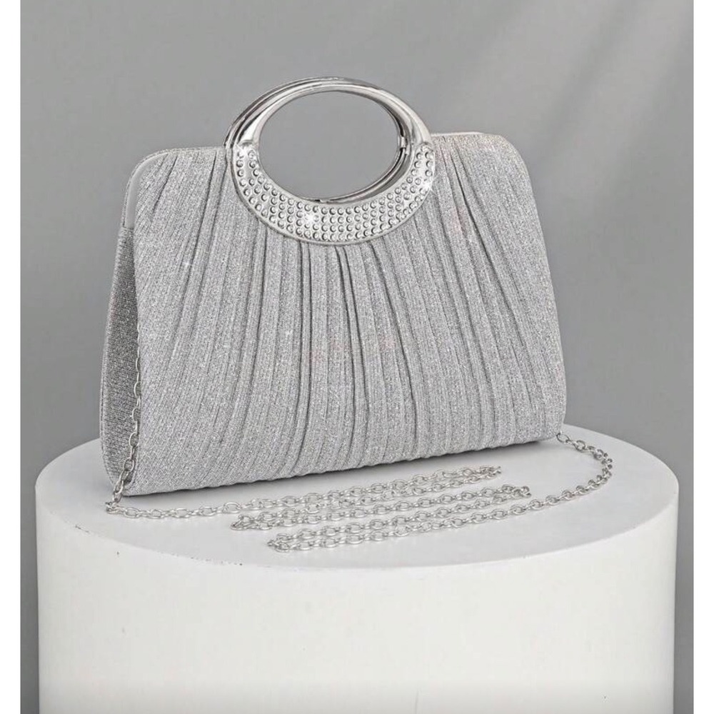 OPULAURA Silver‎ Glitter Pleated Evening Clutch Rhinestone Ring Handle Handbag